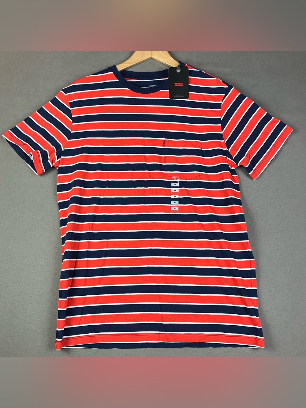 Levis Men’s Size M Short Sleeve Striped Pocket T Shirt Red White Navy NWT!